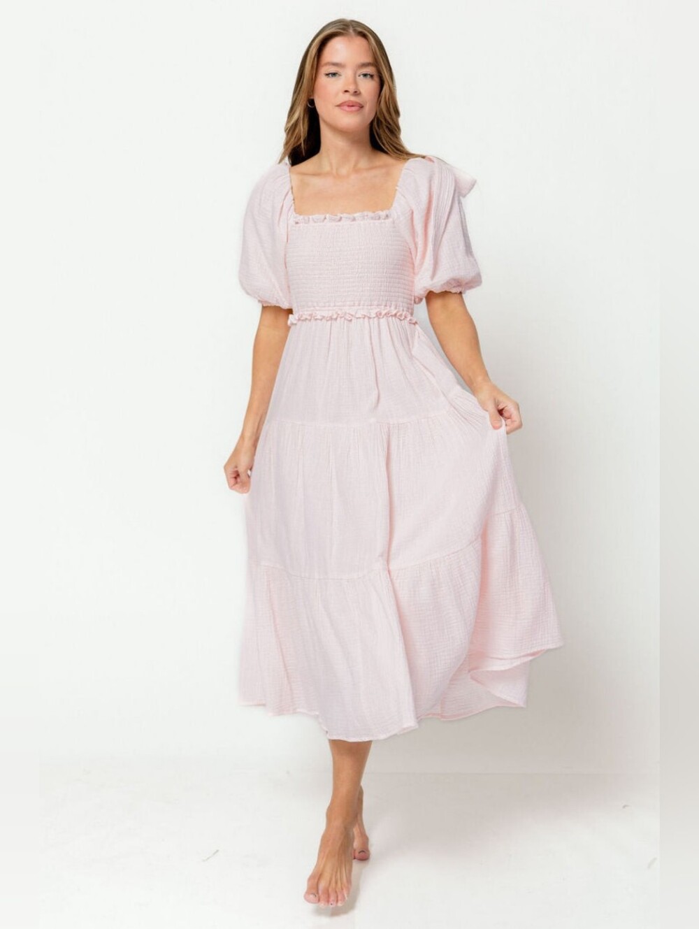 New Light Pink Cottagecore Prairiecore 100% Cotton Midi Dress Regular Maternity